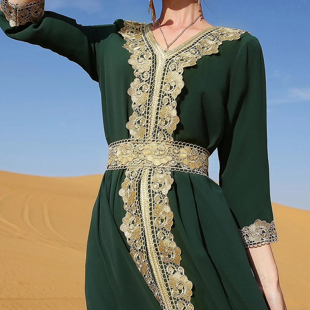 Muslim Woman Dress Moroccan Caftan Marocain Dark Green Embroidered Lace Elegant Vintage Vacation Gorgeous Middle Eastern Dress