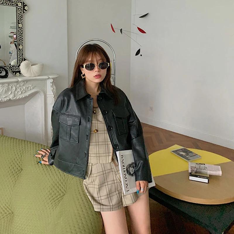 Женская однобортная куртка из овечьей кожи повседневная облегающая короткая с