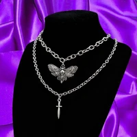 new gothic skull head wings moth pendant necklace for women men rock goth silver color small sword double layer necklace jewelry