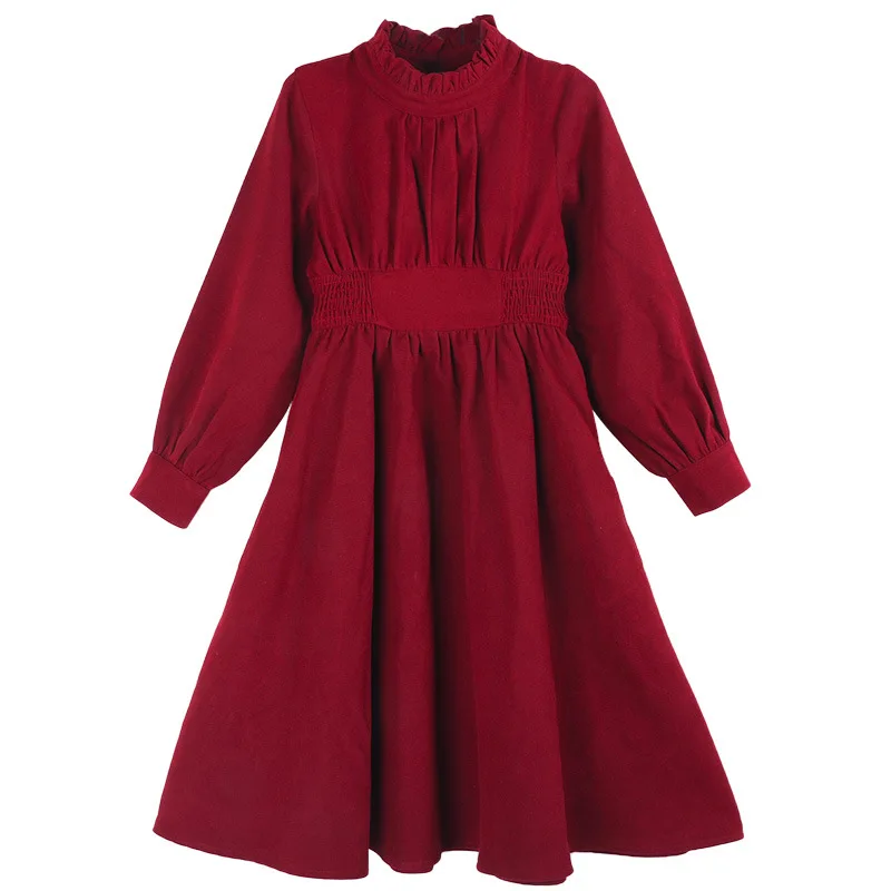 

kids girls fall winter smocked waist flare red black dress 6 to 16 years children teen girl fashion solid elegant dresses