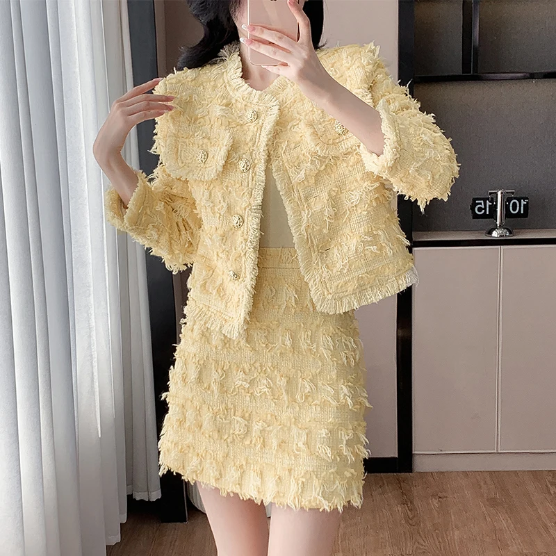 Новая осенне-зимняя женская светло-желтая твидовая юбка костюмы модная короткая