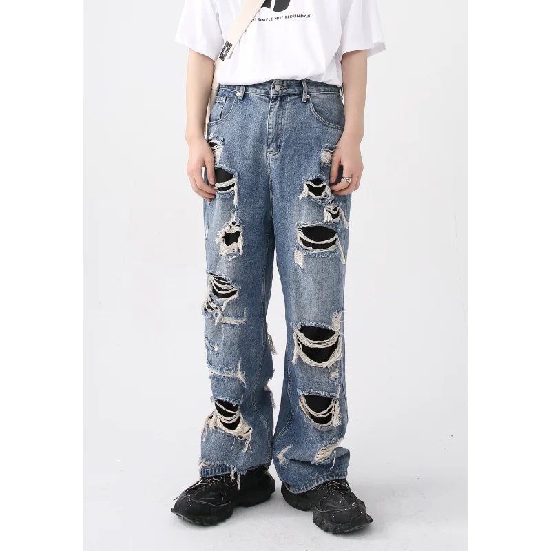 Straight Jeans Men's New Vintage Street Beggar Hole Patch Trousers Men Clothing