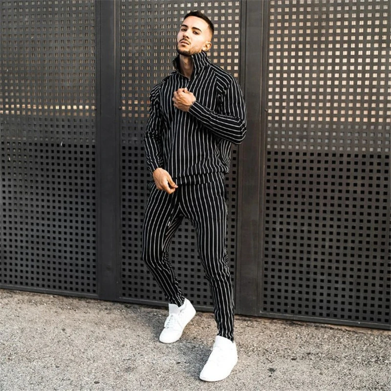 

Men's tracksuits men clothing Striped lattice loose coat sweatpants Two piece set Hip hop stand collar casual suit Sportswear