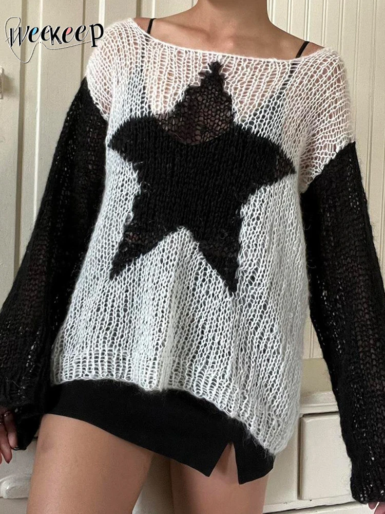 

Weekeep Oversized Crochet Star Sweater Hollow Out Holes Long Sleeve Stitched Loose Pullovers Autumn Vintage y2k Women's Jumpers