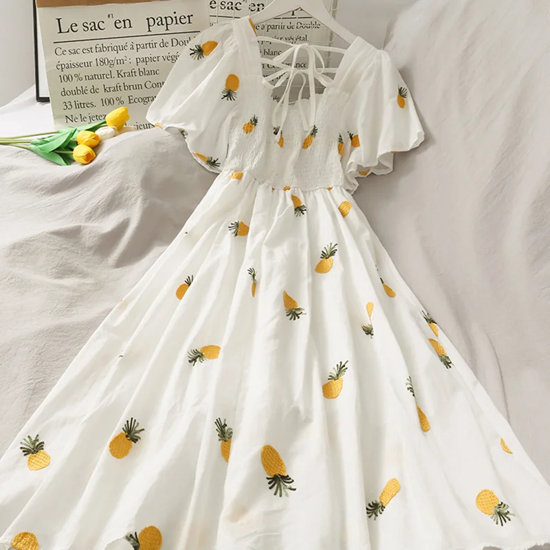 

2022 Summer Backless Women's Dresses White Printed Square Neck Long Dress Women Elegant Short Sleeve Party Vestidos