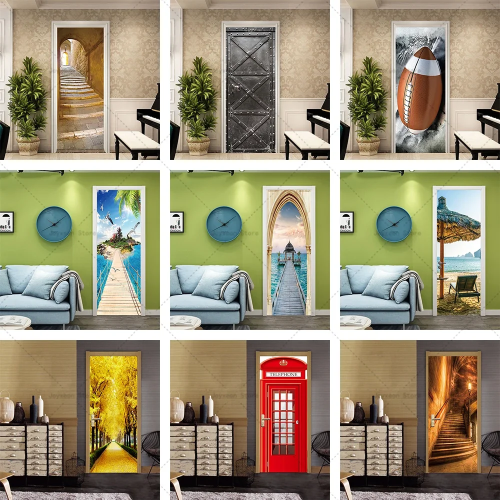

3D Landscape Door Sticker Vinyl PVC Waterproof Self-Adhesive Wallpaper Symmetrical Door Sticker Design Poster Free Shipping