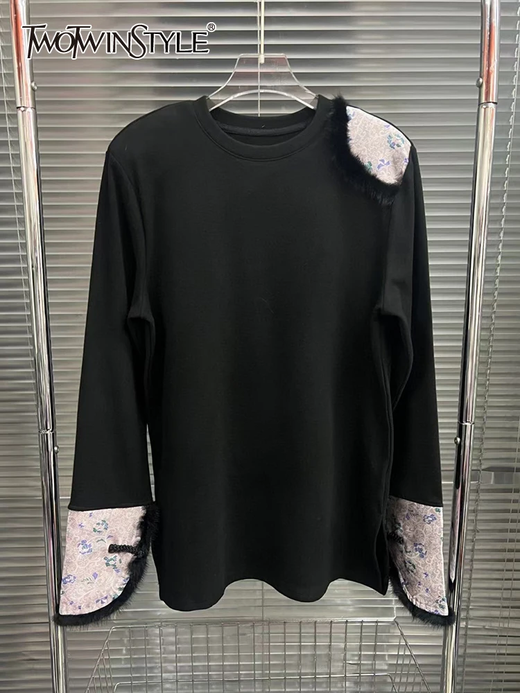 

TWOTWINSTYLE Colorblock Casual Loose T Shirts For Women Round Neck Long Sleeve Spliced Feathers T Shirt Female Fashion Clothes
