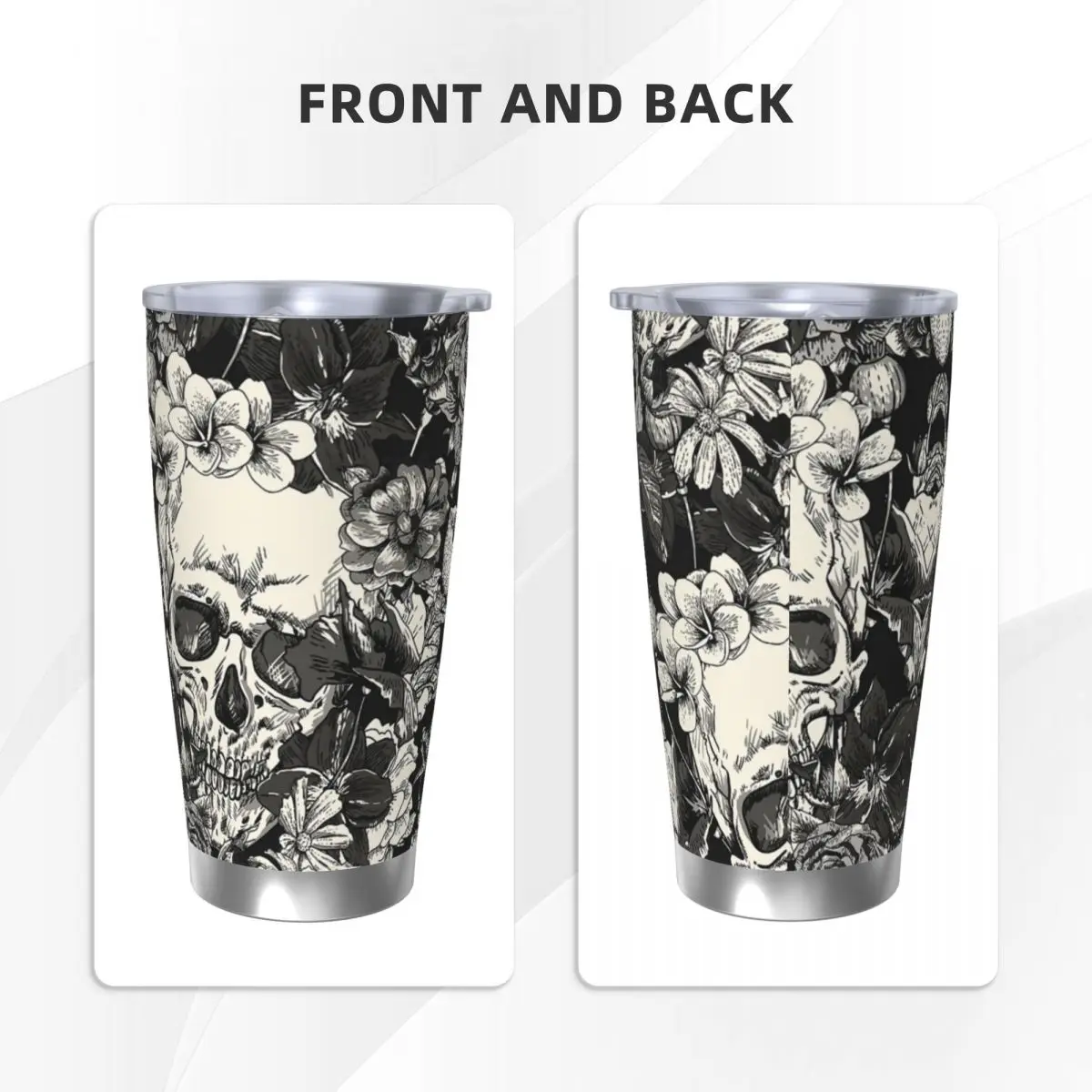 Изолированный стакан с крышкой и черепами розами Готическая Термокружка Из