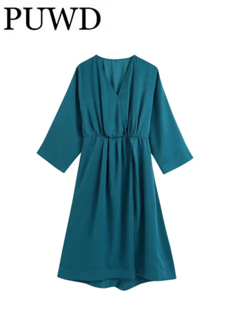 

PUWD Women V Neck Waist Solid Color Dress 2022 Spring Fashion Ladies High Street Vintage Dress Female A-line Split Dress