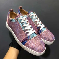 low top pink snakeskin pattern real leather red bottom shoes men rhinestone loafers luxury designer sneakers casual sport shoes