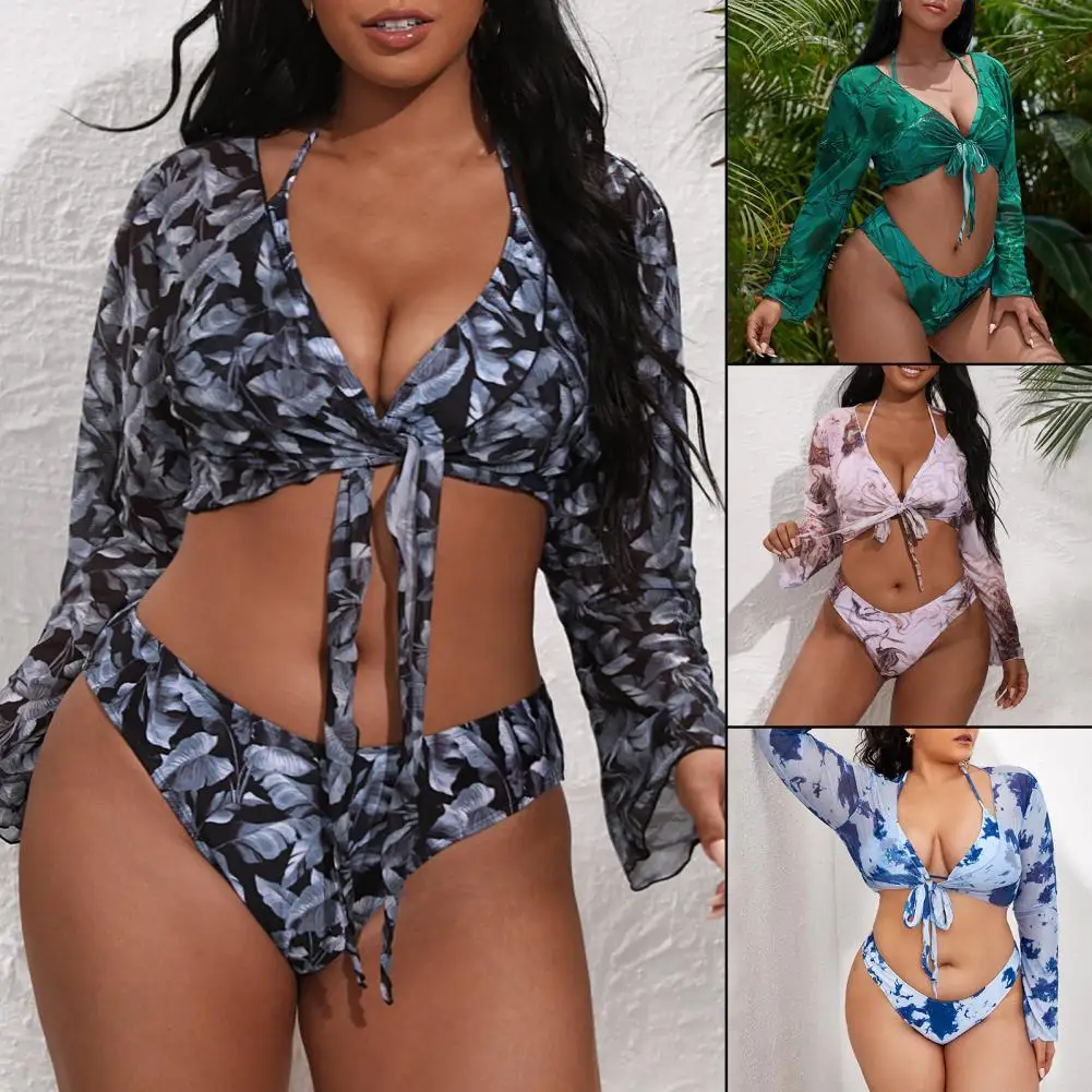

1 Set Women Bikini with Cardigan Spaghetti Strap Plus Size Three-point Type Swimming Suit for Beach