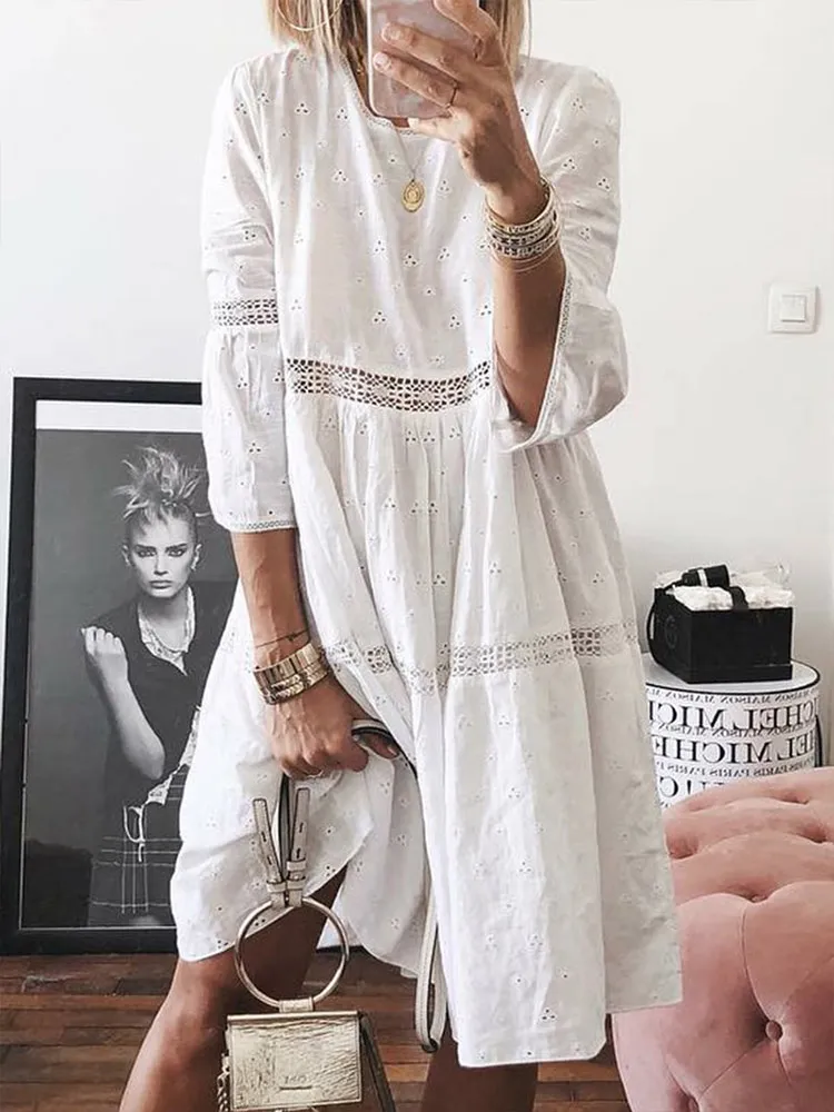 Embroidered Dress Women White Lace Dresses Female Splicing Dress Floral Hollow Out Loose Casual Party Vestido De Mujer