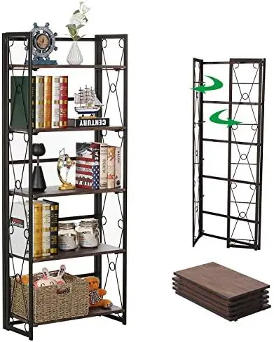 

5 Shelf Folding Bookcase No Assembly, Industrial Metal Freestanding Shelves Organizer for Living Room, Bedroom, Kitchen, Office