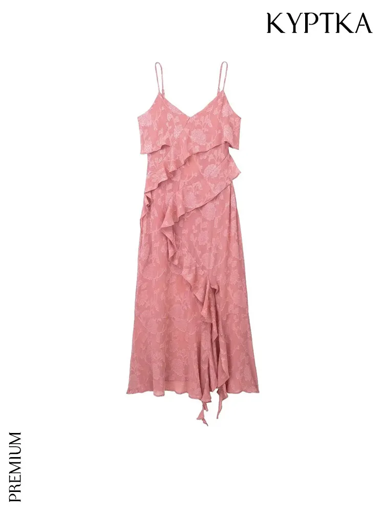 

Женское жаккардовое платье миди KYPTKA, красное винтажное платье с оборками, V-образным вырезом и тонкими бретельками, на лето 2019