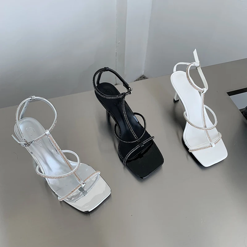 

Сандалии женские с открытым носком, Классическая обувь на тонком высоком каблуке, вечерние босоножки с ремешком на щиколотке, серебристые, ...