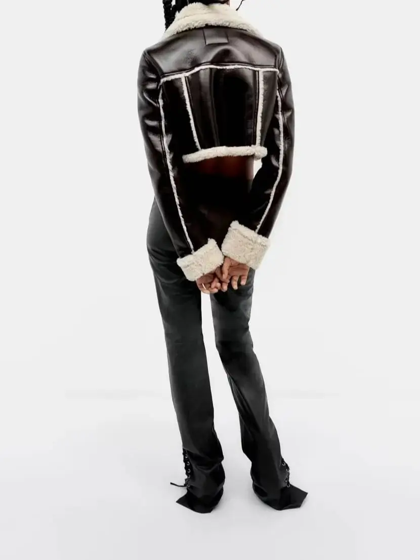 Winter Women's Black Pu Bright Surface Plus Velvet Leather Jacket Long Sleeve Lambswool Single-Breasted Jacket Warm Windproof