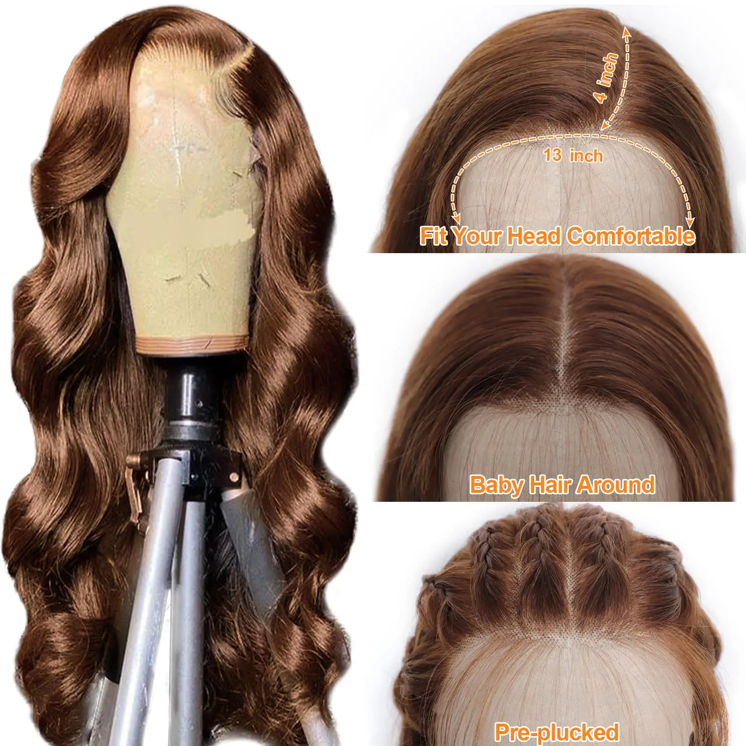 30-дюймовый Длинный Коричневый Парик Из Человеческих Волос Объемная Волна 13x4