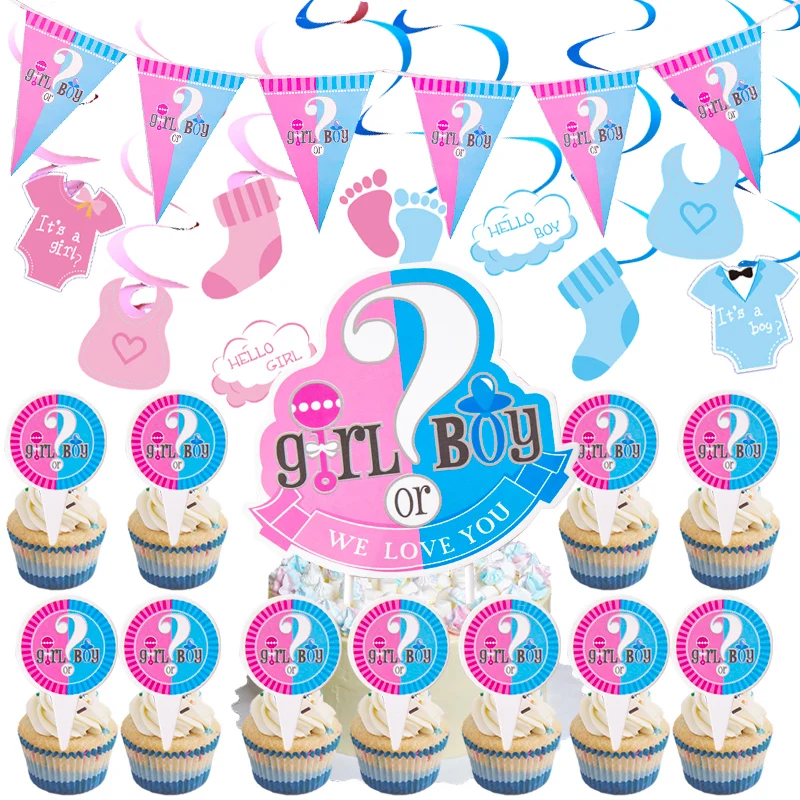 Gender Reveal Pink Blue Birthday Party Paper Plate Cup Disposable Tableware Happy Birthday Balloons Banner Decorations Supplies