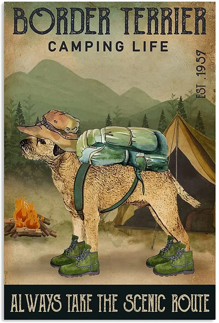 

Funny Dog Tin Sign Wall Decor Camping Life Scenic Route Border Terrier Art Poster Man Cave Nostalgic Wall Plaque 8x12inches