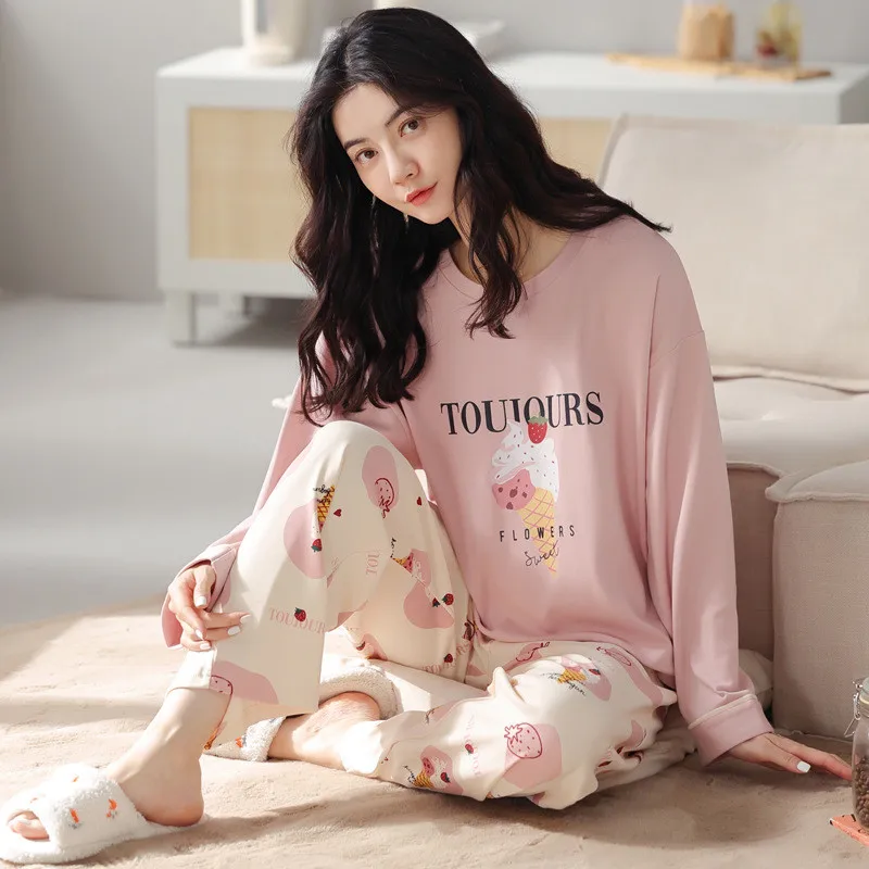 Cartoon Cute Long-Sleeved Cotton Pajamas Women Spring Autumn New Ladies' Housewear Suit Comfortable Casual Pijama Mujer