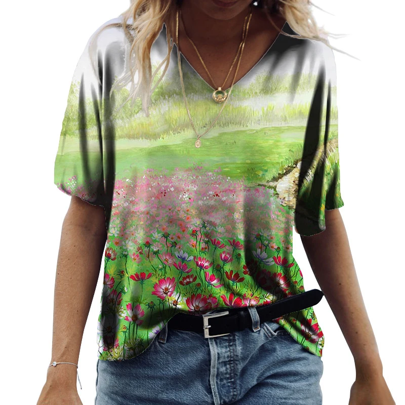 

2022 New Summer Women Cotton T Shirt Floral Print Boho Tops Fashion Ladies V-Neck Loose Shirts Femme Short Sleeve Casual Clothes