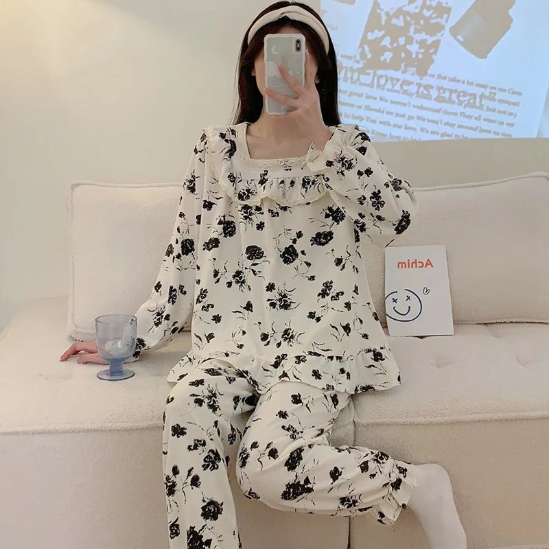

2022 Autumn Long Sleeve 100% Cotton Pajama Sets for Women Korean Print Sleepwear Suit Homewear Pyjamas Pijama Mujer Home Clothes