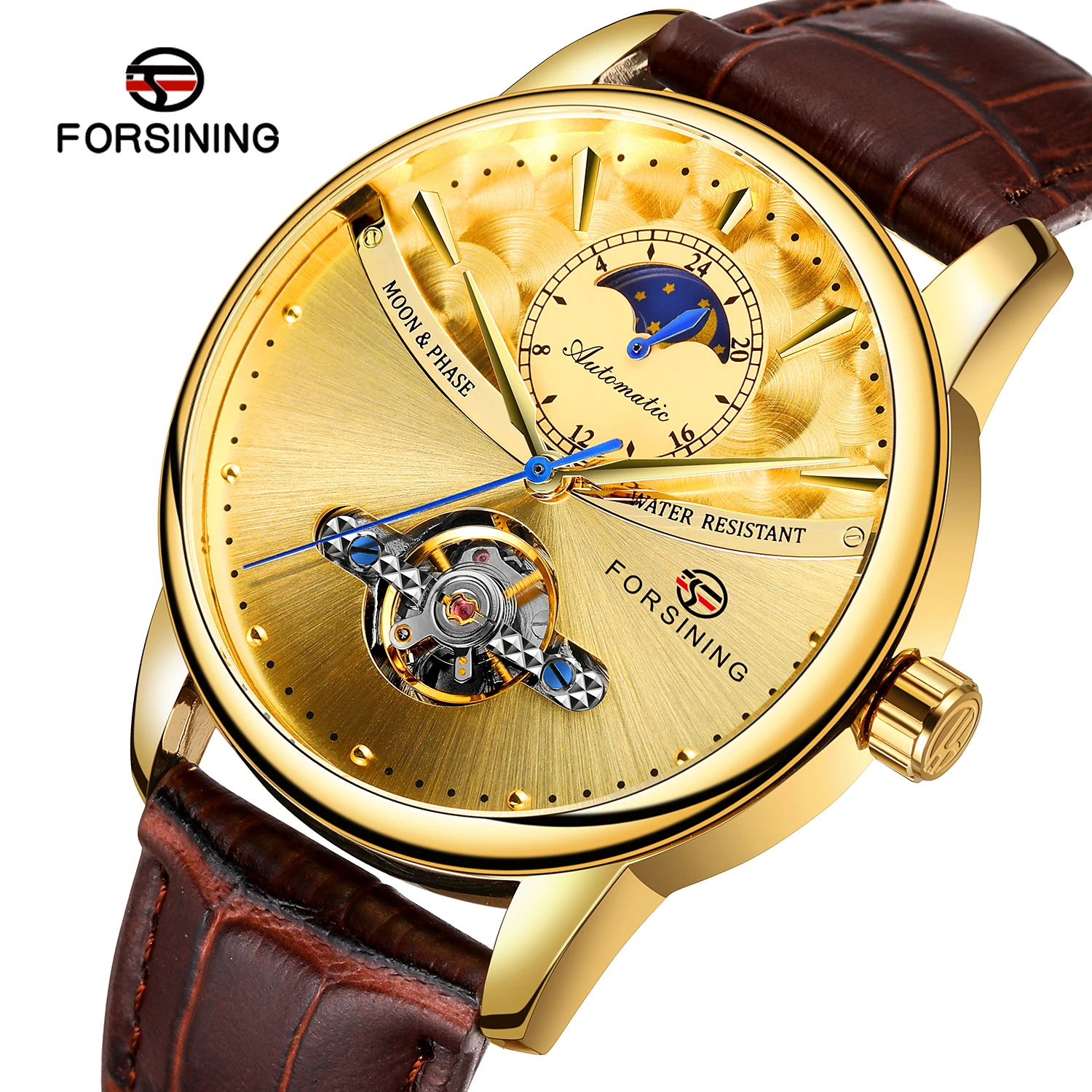 

Часы наручные Forsining Мужские механические, роскошные модные автоматические золотистые с ремешком из натуральной кожи, с Луной и турбийоном