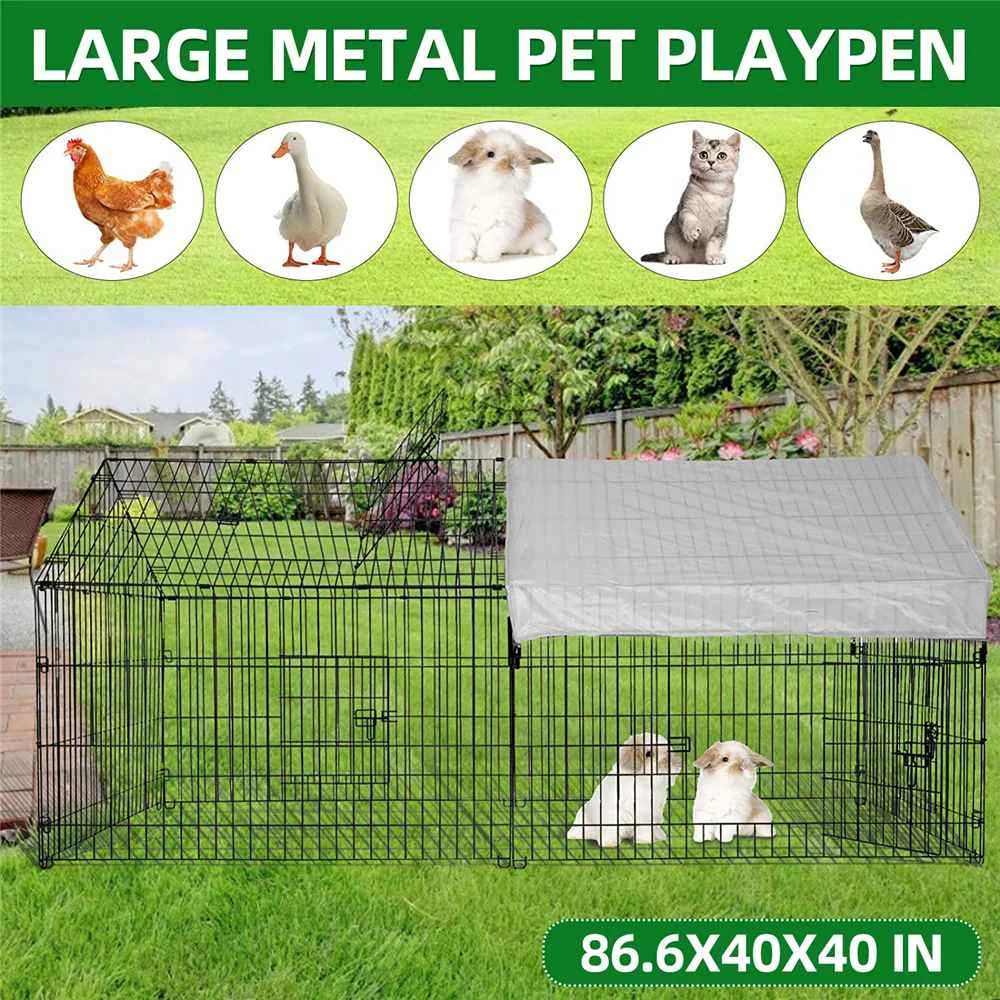 

Large Chicken Coop Run Cage Metal Chicken Fence Pen Pet Playpen Enclosures with Protection Cover&Ground Nail 116*70*9cm