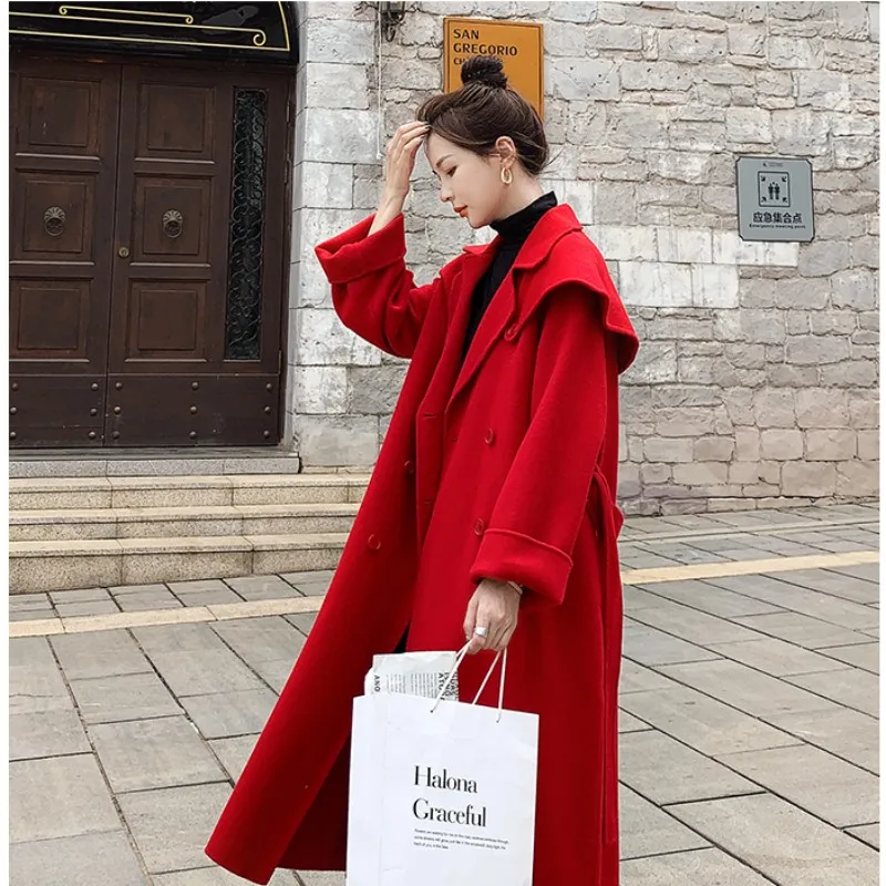 

New Academic Style Wool Trench Coat Turn-down Collars Length Warm Female Jacket Double-breasted Women's Clothes Woollen Overcoat