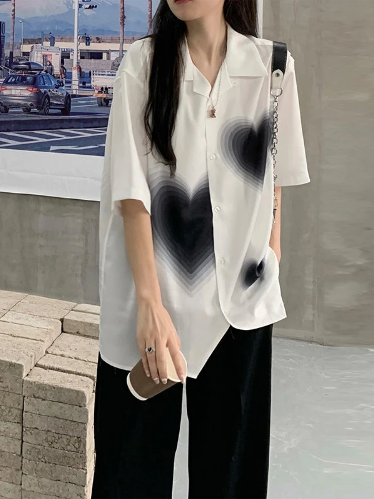 

HOUZHOU Harajuku Vintage Shirt Women Summer Short Sleeve Heart Print Chic Blouses High Street Korean Fashion Female Tops Loose