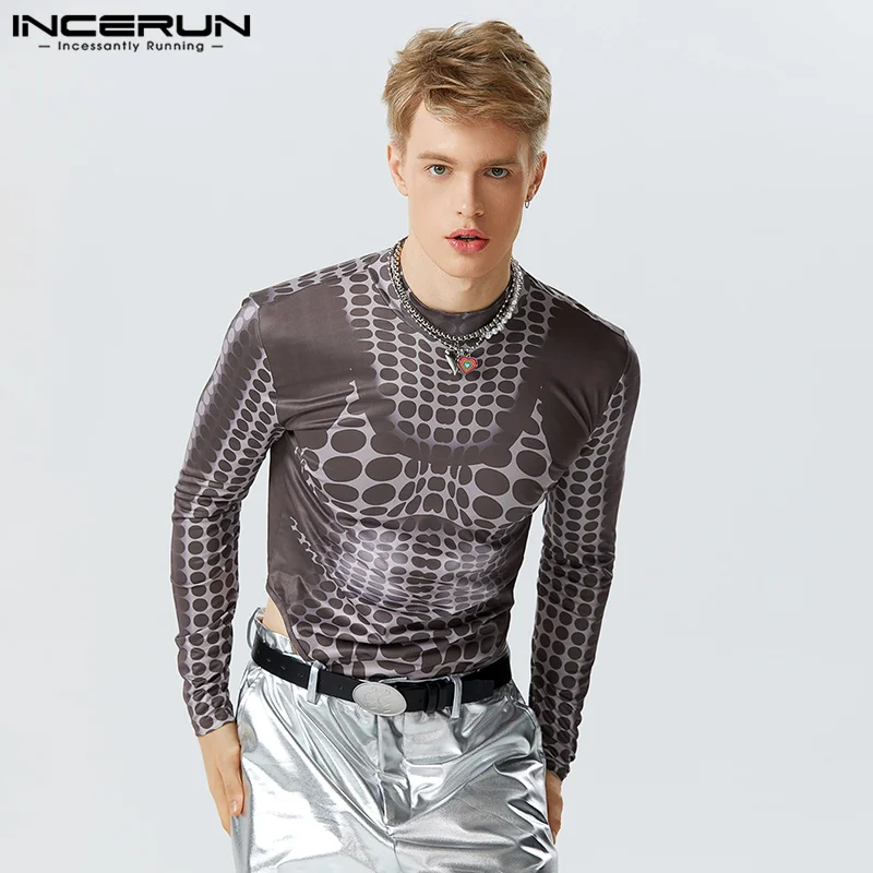2023 Men Bodysuits 3D Printing Turtleneck Long Sleeve Male Rompers T Shirts Streetwear Fitness Fashion Bodysuit S-5XL INCERUN