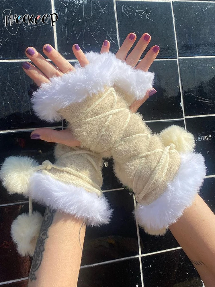 

Женские милые длинные перчатки без пальцев, осенне-зимние теплые меховые Лоскутные трикотажные перчатки, дамские корейские модные y2k эстетические