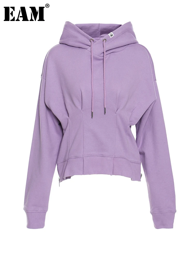 

[EAM] Loose Fit Pleated Drastring Sweatshirt New Hooded Long Sleeve Women Big Size Fashion Tide Spring Autumn 2023 1DD2289