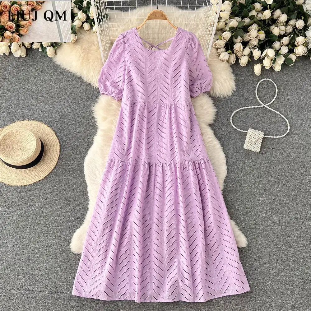 

Summer Women Cotton Hollow Out Long Dress Vintage Short Sleeve Loose Embroidery Elegant Beach Style Holiday Backless Dress 2022