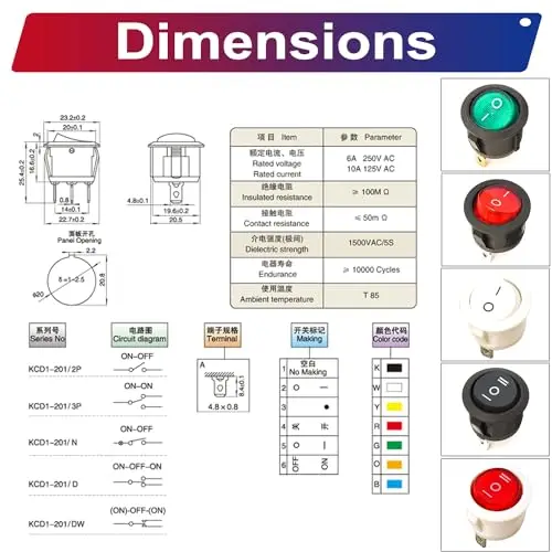 Круглый клавишный переключатель KCD1 20 мм в ассортименте 2-контактный 3-контактный