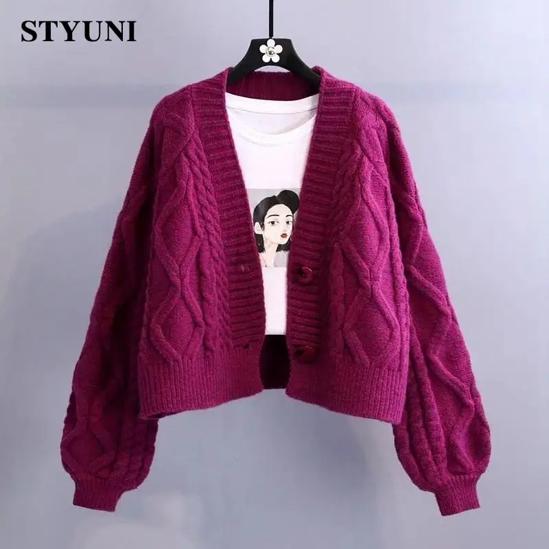 

Twist Short V-Neck Single-breasted Knitted Women's Cardigan Solid Casual Korean Fashion Long Sleeve Female Cardigan Winter 2022