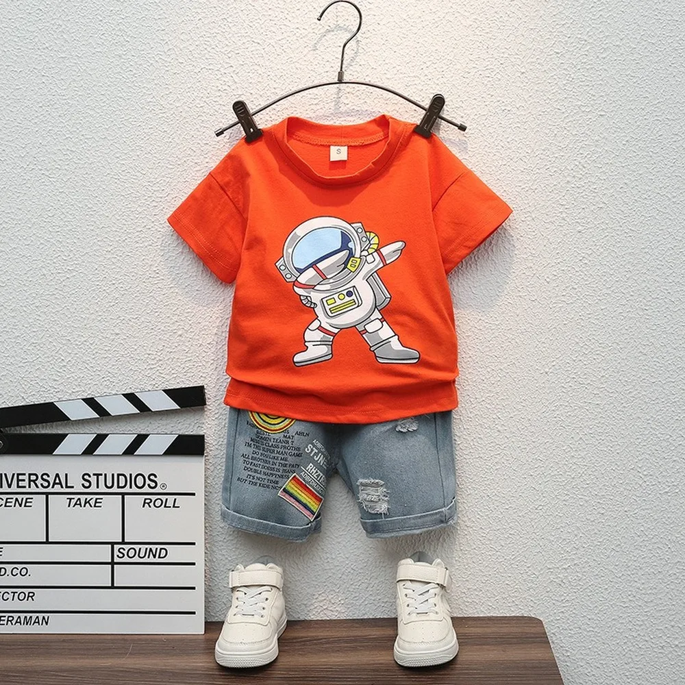 2022 Boys' Clothing Summer Clothes New 1-5 Years Old Cartoon Printed Round Neck T-shirt Casual Jeans Short Sleeved Suit 2PCS