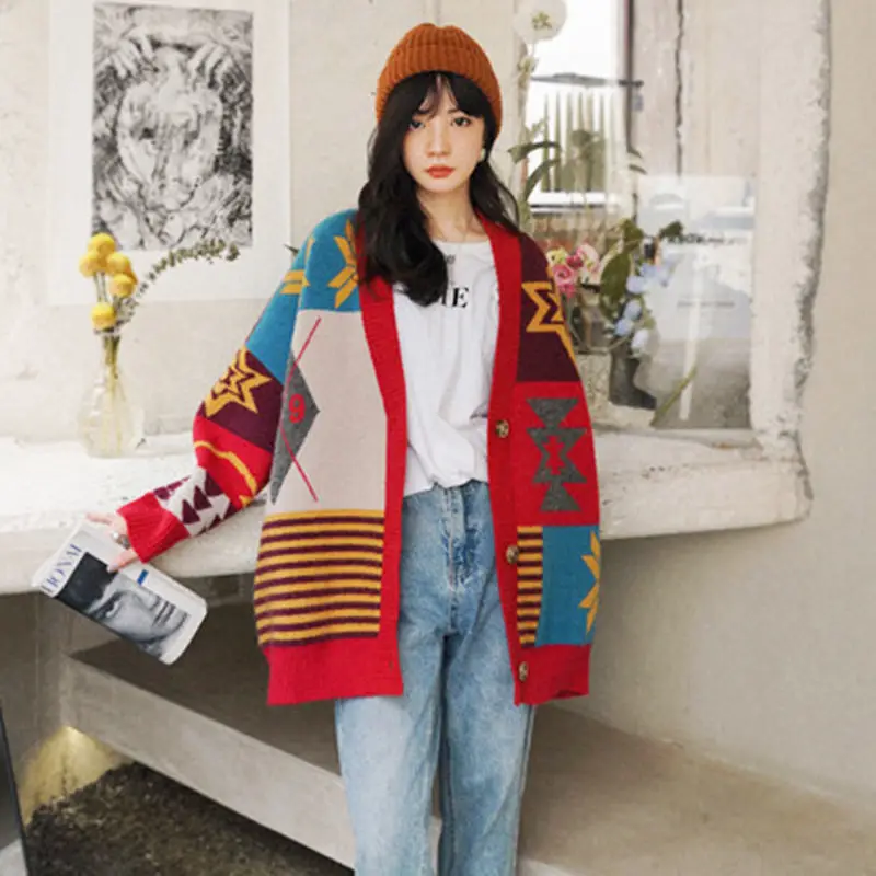 

Women Spring 2023 New Sweater Cardigan Jacket Korean Loose Slouchy Knitwear Top Mid Length Version