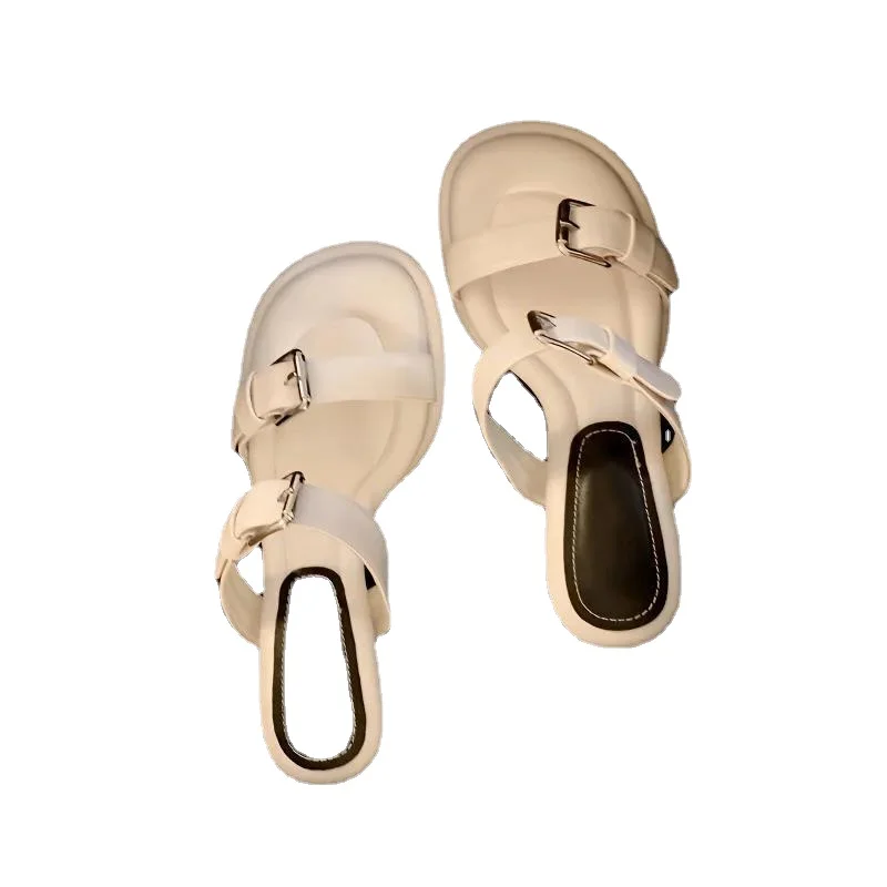 Solid Color Denim High Heel Chunky Heel French Minority Design Open Toe Leisure Vacation Buckle Sandals Women Mary Jane