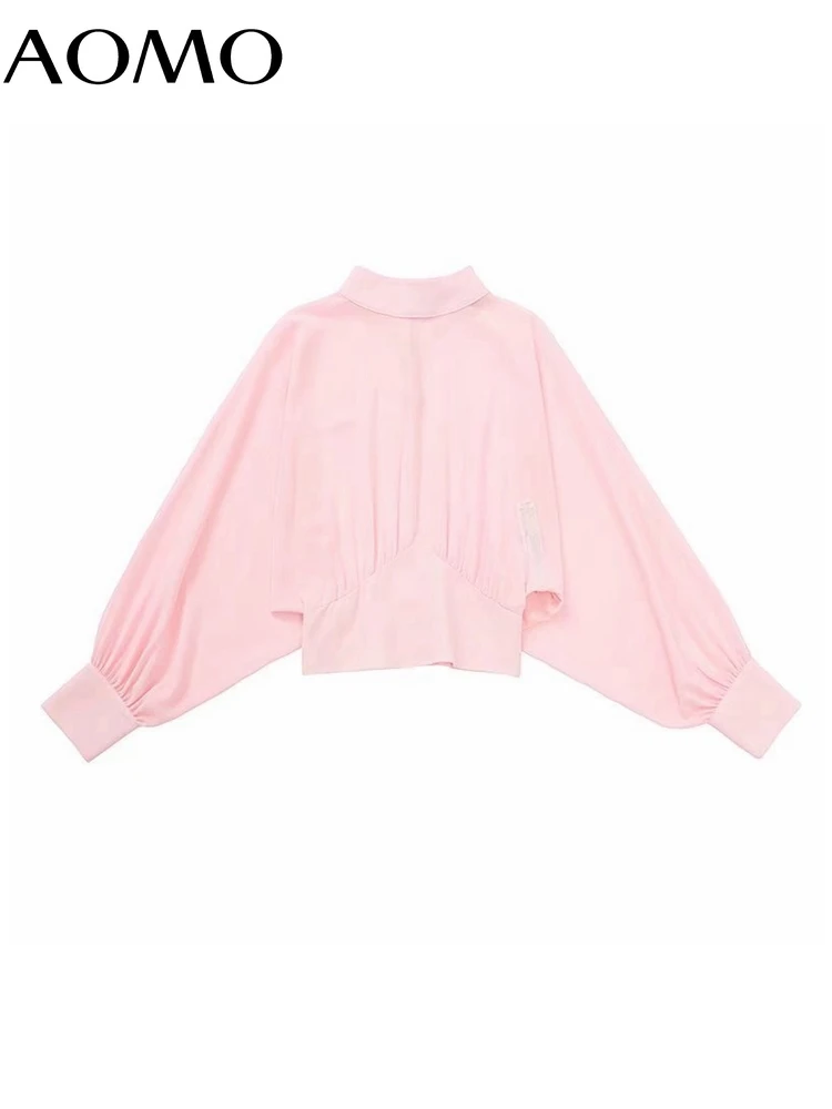 

AOMO 2022 Women Oversized Pink Crop Blouse Long Sleeve Chic Female Office Lady Shirt Blusas Femininas 3H126A