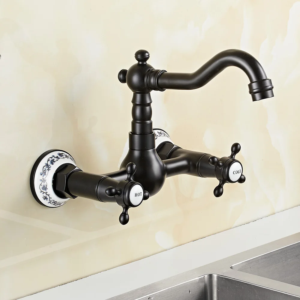 

Kitchen Faucet Wall Mounted Double Handle Plum Blossom Handwheel Hot and Cold Water Mixer Tap Kitchen Wall Decor Antique Faucet