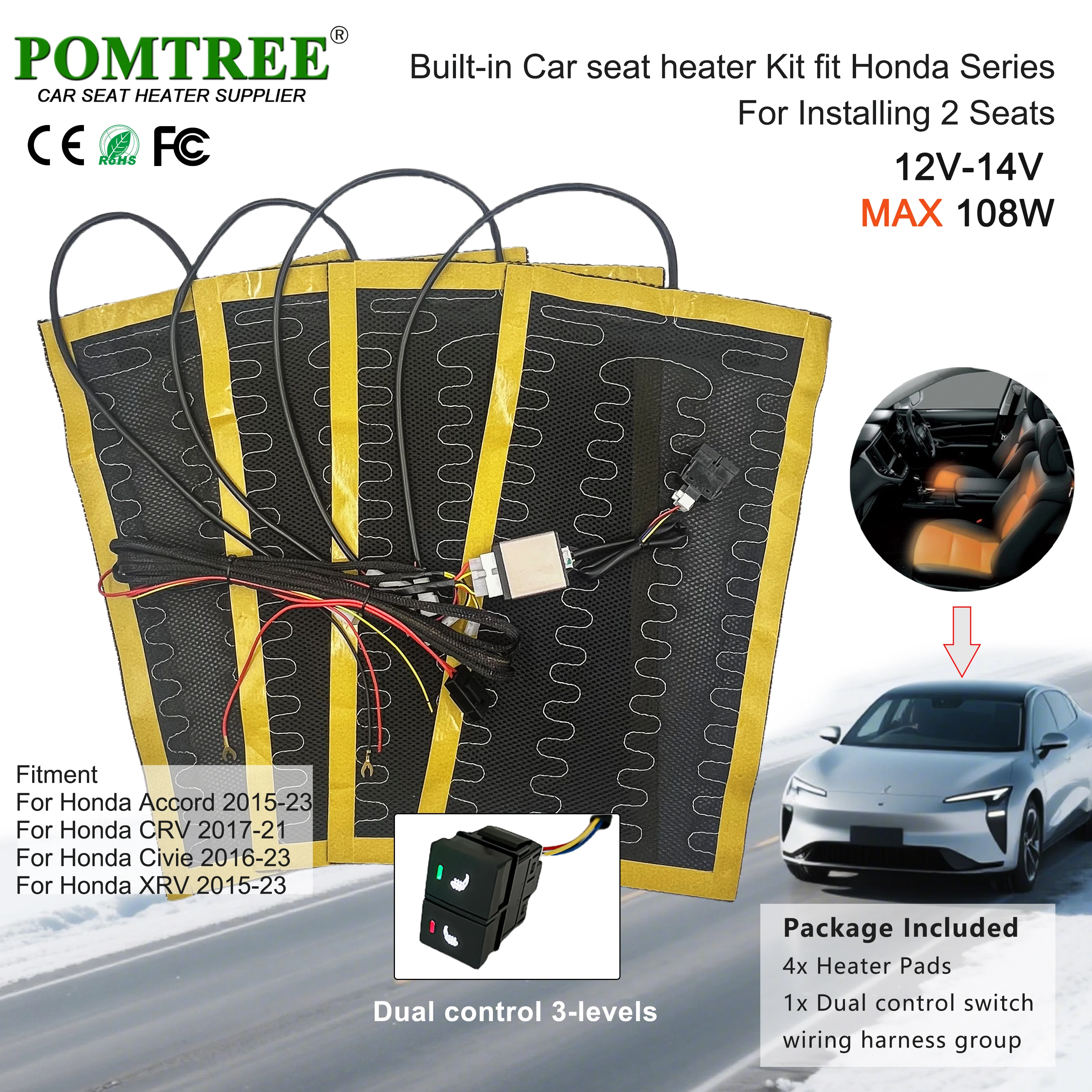 

Универсальный встроенный комплект обогрева автомобильных сидений, 108 Вт, подходит для 2 сидений, 12 В, грелки из сплава, двойной переключатель управления для Honda Accord Civie