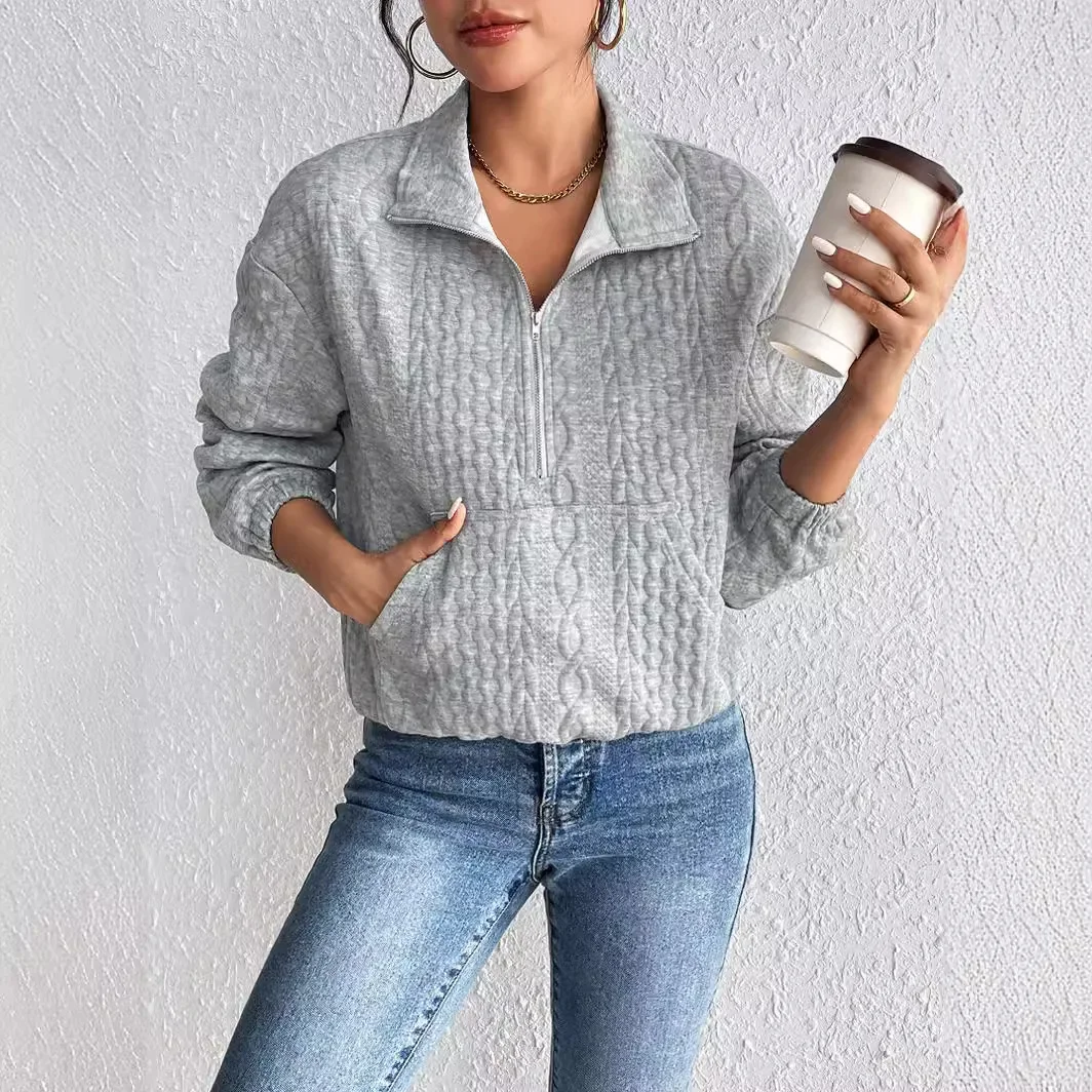 Женский Повседневный однотонный топ на молнии с длинным рукавом осень