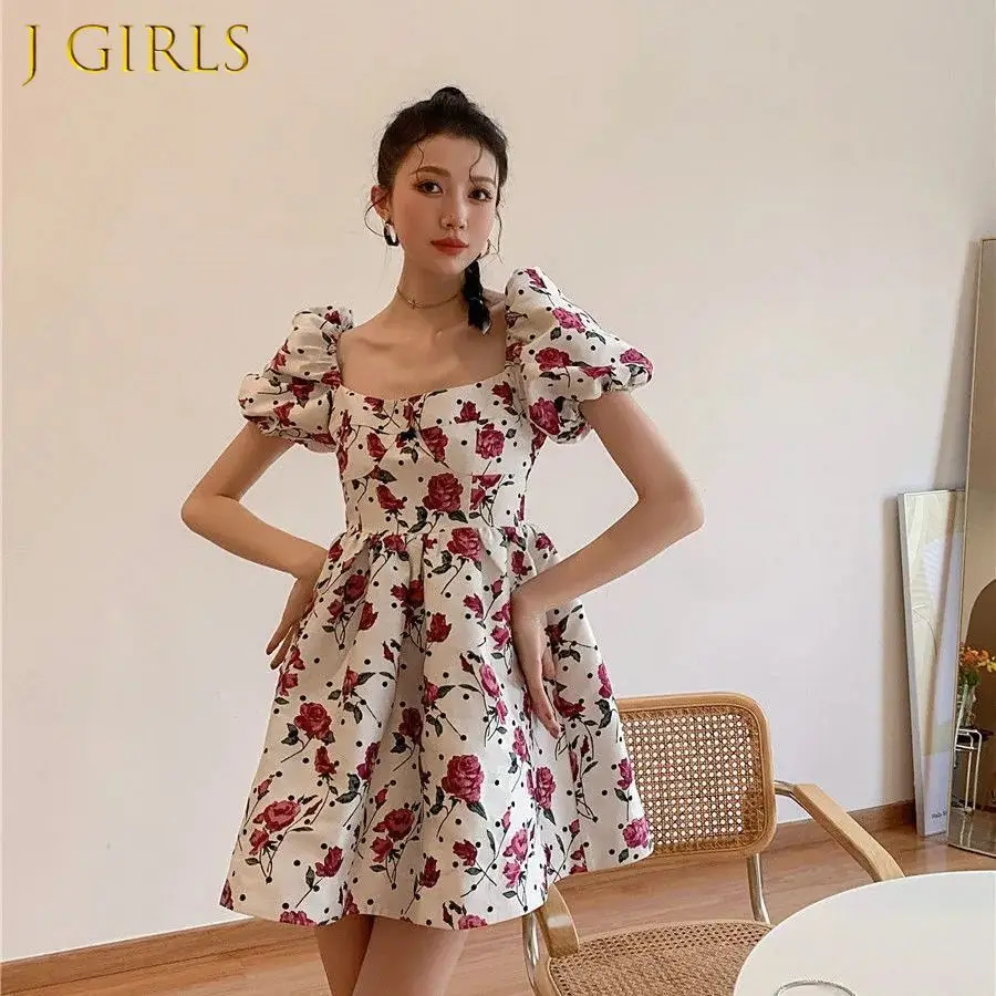 

Vintage Dress Women Lovely Floral Party Vacation Empire Mini Puff Sleeve Ladies Sundress Chic French Style Female Outerwear Ins