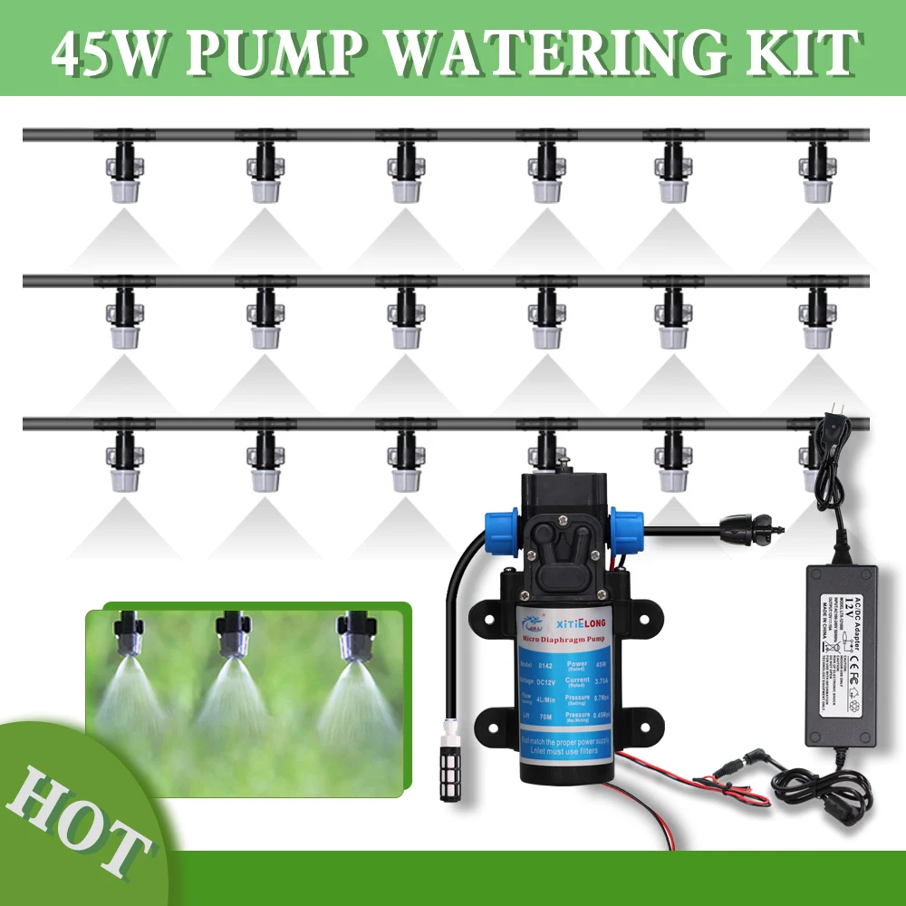 

45W Electric Water Pump Atomizing Irrigation System Garden Spray Watering Cooling Kit Greenhouse Potted Plants 5-50M Sprinkler