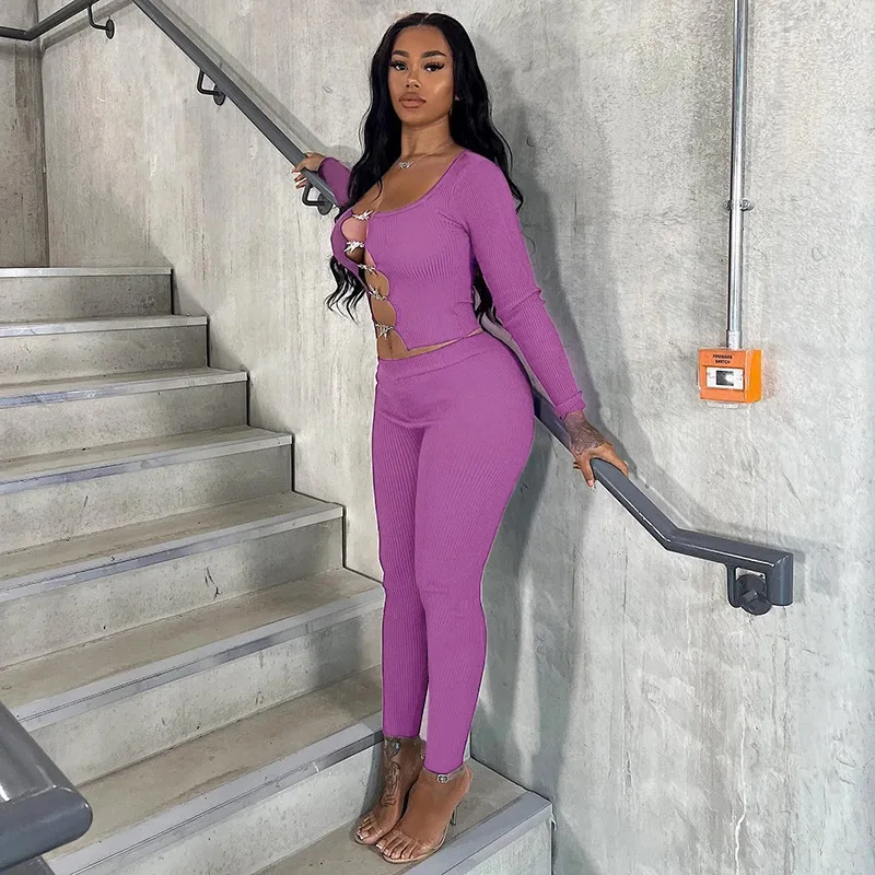 

2 Piece Sets Womens Outfits Autumn 2022 New Fashion Butterfly Button Long Sleeve Cardigan Top Tight Casual Skinny Pants Set