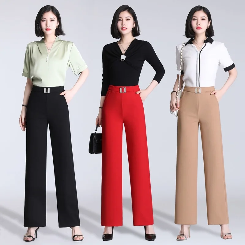 

Vintage Elastic High Waist Pants for Women Straight Trousers Womens Office Lady Formal Casual Wide Leg Pants Pantalon Femme E83