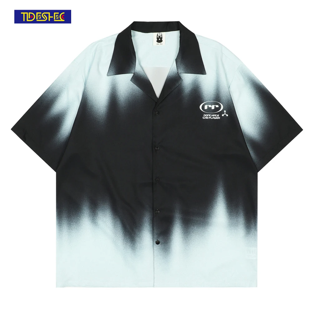 

Harajuku Shirt Men Casual 2022 Summer Gradient Tie Dye Inkjet Letter Shirt Men Streetwear Button Hawaii Vintage Shirt Hip Hop