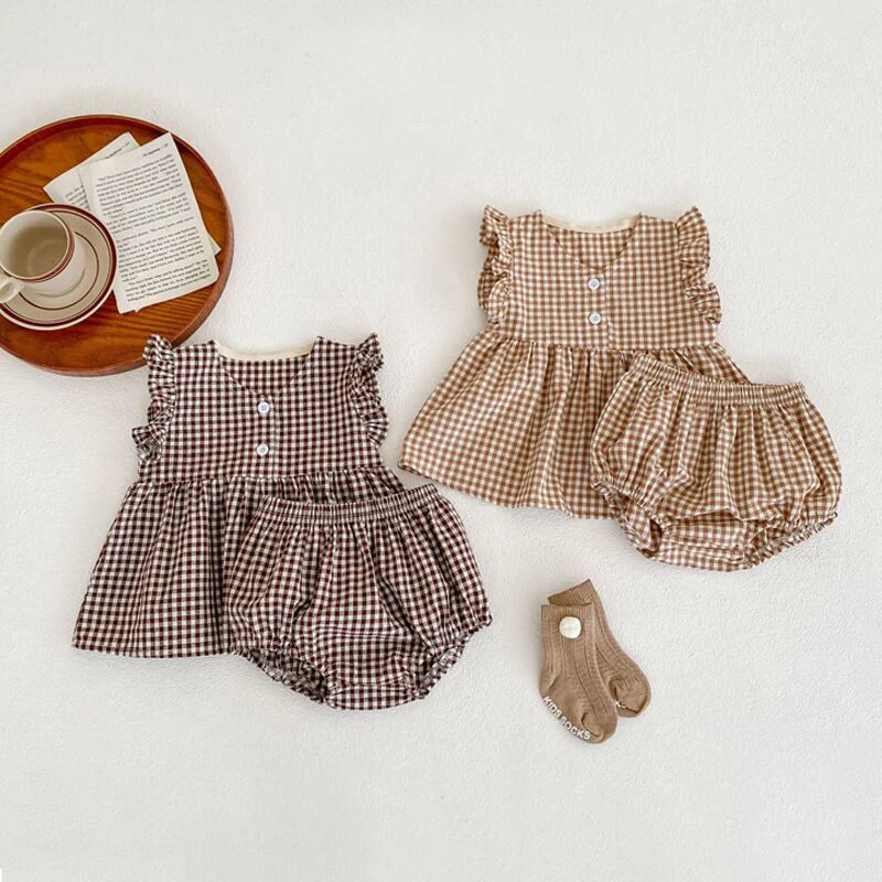 

Одежда для новорожденных, летняя Клетчатая маленькая жилетка с летящим рукавом для девочек, костюм с воротником для маленьких кукол, костюм...