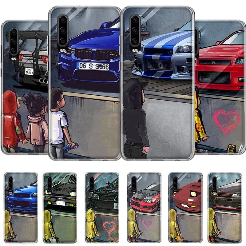 

Boy Girl See Sports Car Jdm Drift Phone Case For Huawei P50 P40 P30 P20 P10 Pro Mate 40 30 20 10 Pro Lite Cover Soft Coque TPU